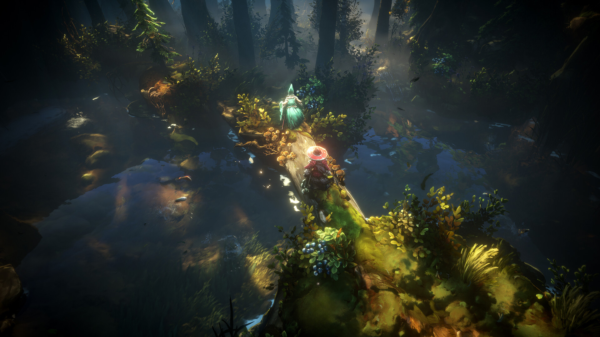 Two No Rest for the Wicked characters crossing a mossy fallen tree in a dense forest