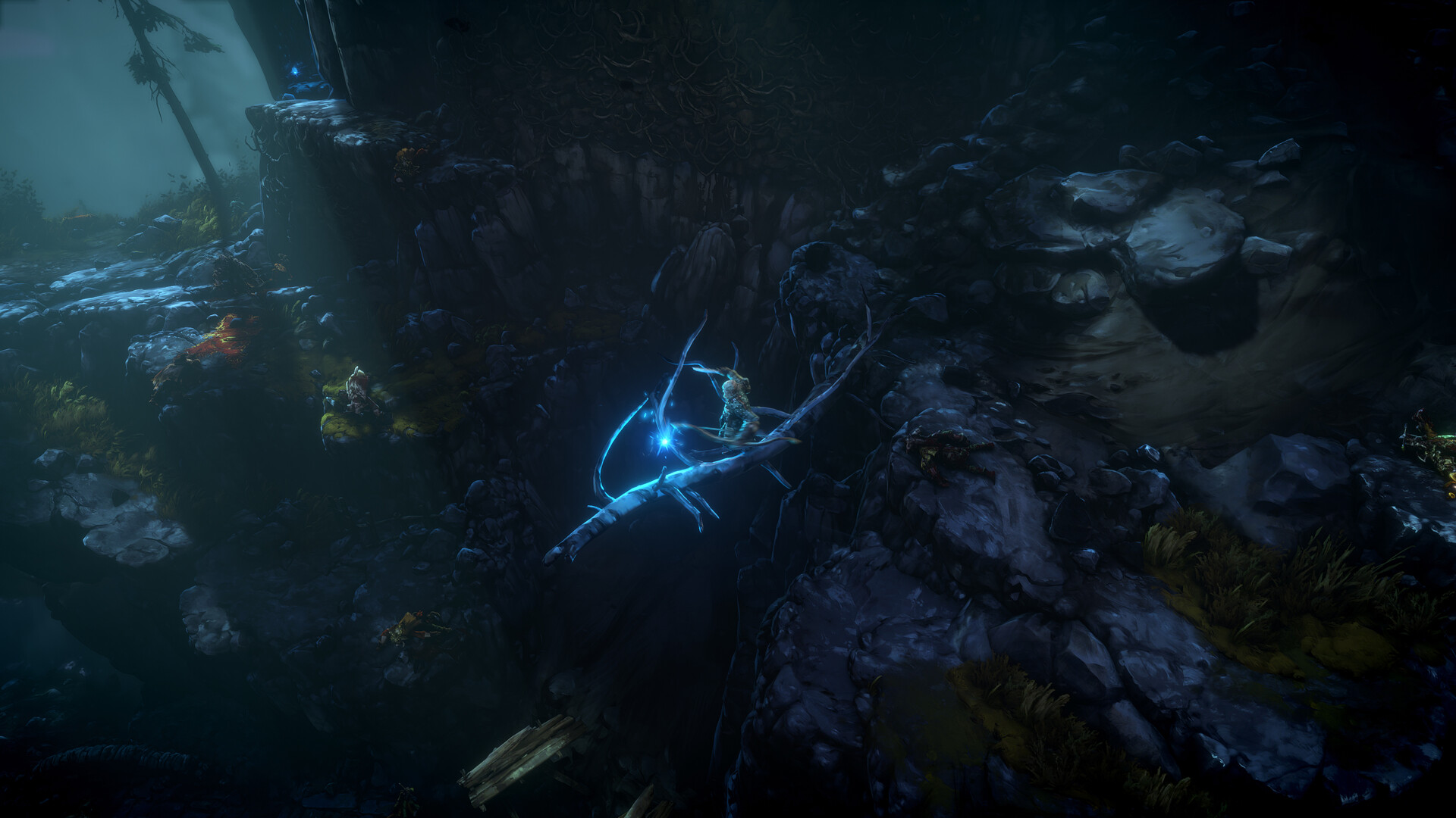 A bow-wielding Cerim firing a blue energy shot across a rocky night-time battlefield