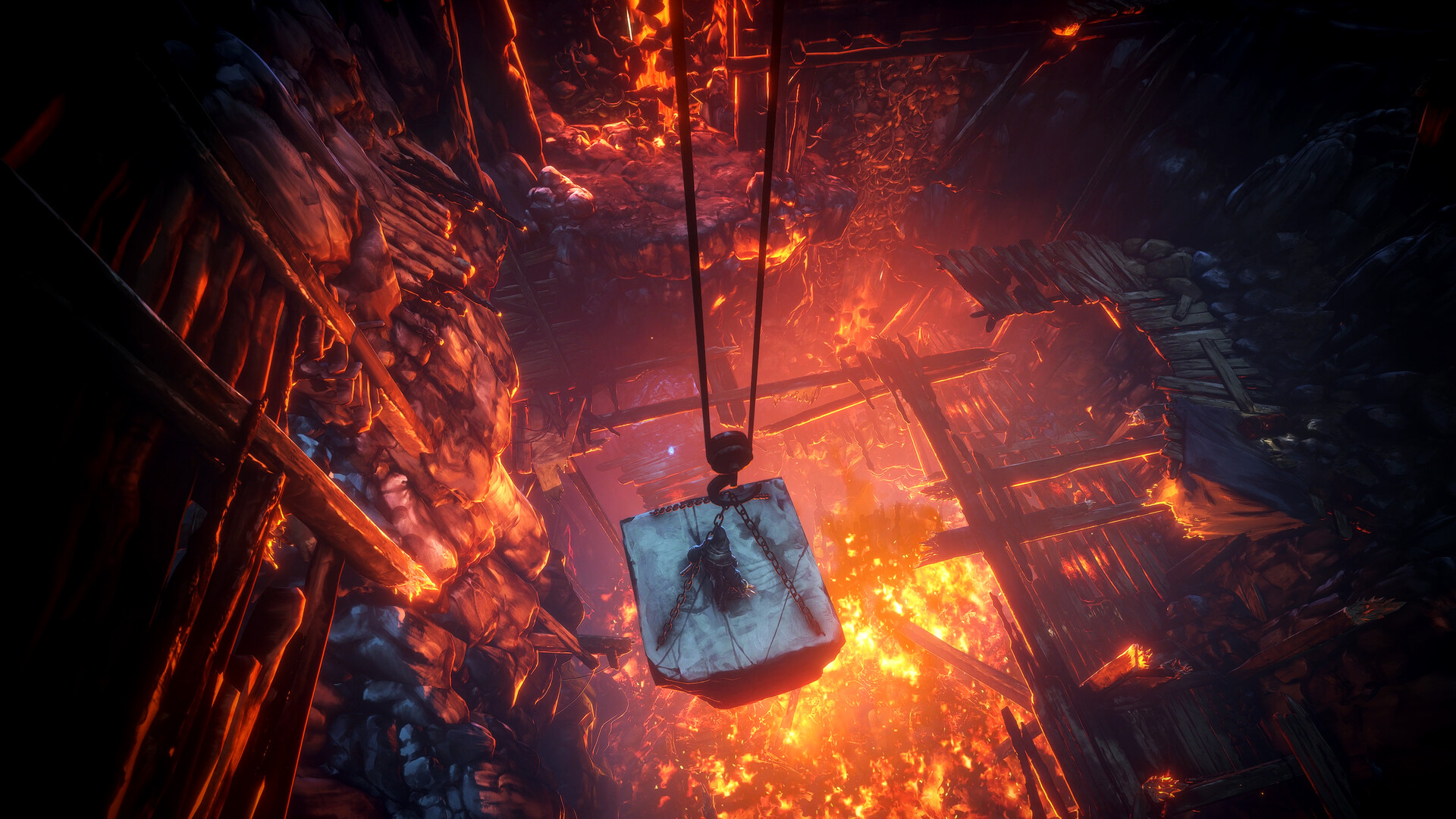 A Cerim warrior riding a suspended stone platform above a burning cavern