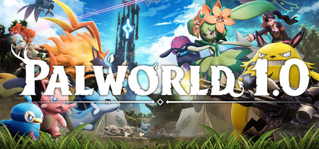 Official Palworld 1.0 Steam artwork with Pals and survival equipment