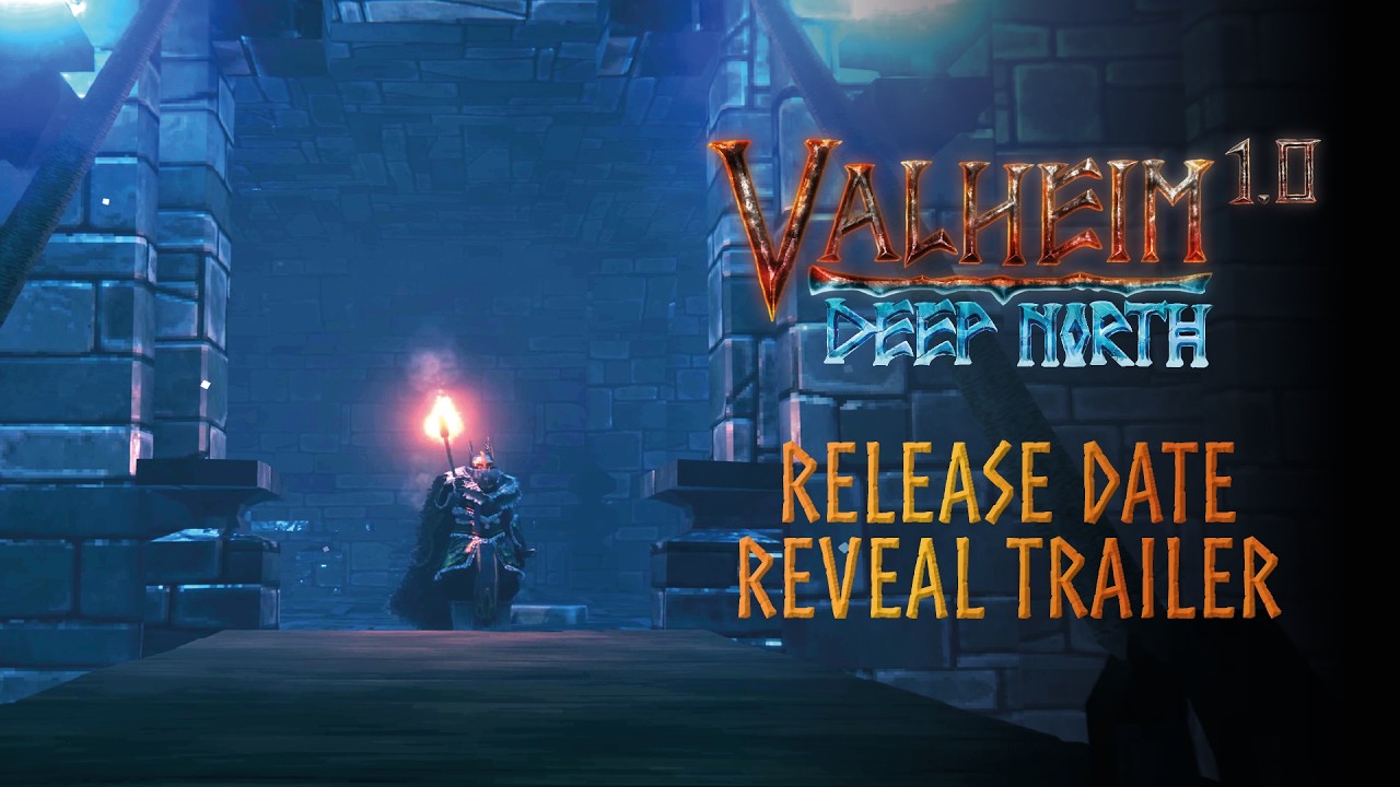 A Viking carrying a torch in official Valheim 1.0 Deep North release artwork